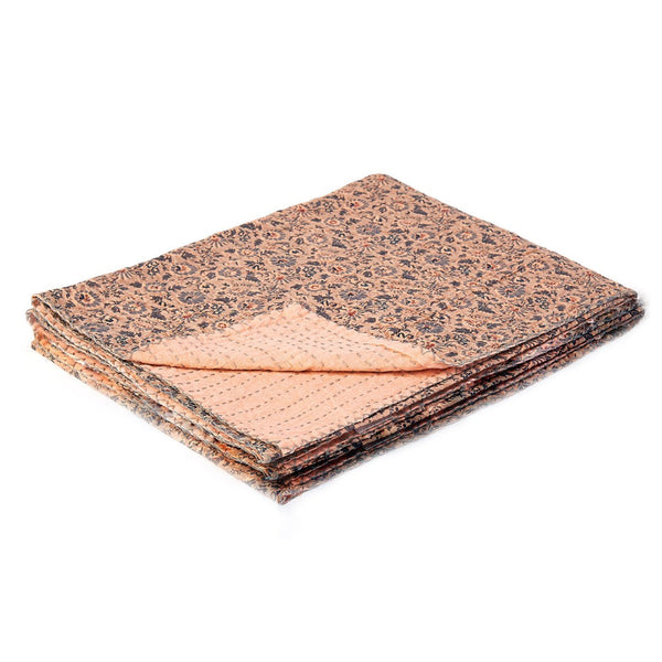 HomeRoots 50" Peach and Gray Floral Kantha Throw Blanket - Handmade Embroidered Elegance for Your Home Decor Cotton - 50"x70" 544530