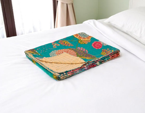 HomeRoots 50" Peach and Gray Floral Kantha Throw Blanket - Handmade Embroidered Elegance for Your Home Decor Cotton - 50"x70" 544531