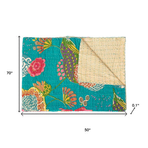 HomeRoots 50" Peach and Gray Floral Kantha Throw Blanket - Handmade Embroidered Elegance for Your Home Decor Cotton - 50"x70" 544531