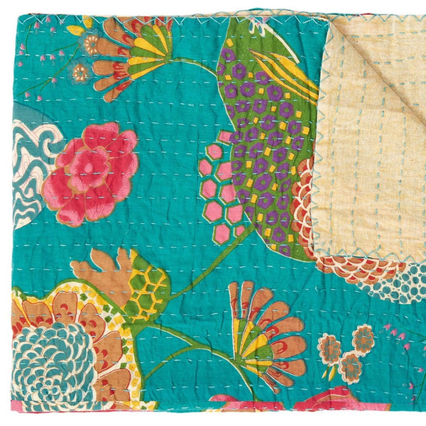 HomeRoots 50" Peach and Gray Floral Kantha Throw Blanket - Handmade Embroidered Elegance for Your Home Decor Cotton - 50"x70" 544531
