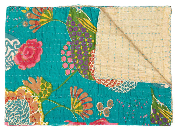 HomeRoots 50" Peach and Gray Floral Kantha Throw Blanket - Handmade Embroidered Elegance for Your Home Decor Cotton - 50"x70" 544531