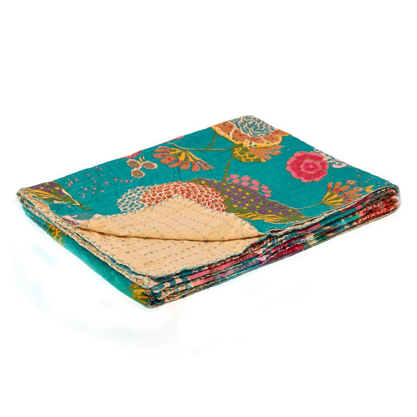 HomeRoots 50" Peach and Gray Floral Kantha Throw Blanket - Handmade Embroidered Elegance for Your Home Decor Cotton - 50"x70" 544531