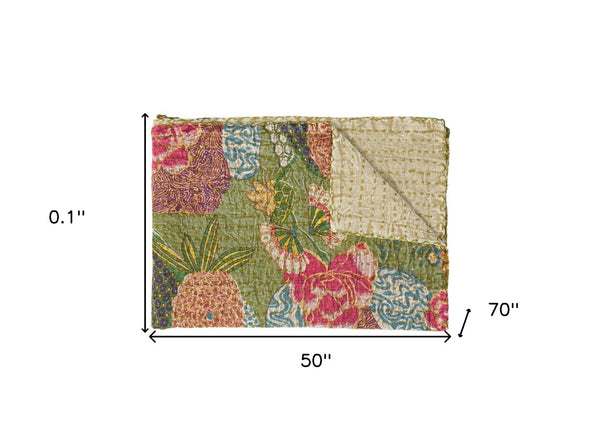 HomeRoots 50" Cozy Teal Blue and Red Floral Quilted Throw Blanket - Elegant Embroidery, Soft Cotton Comfort 544532