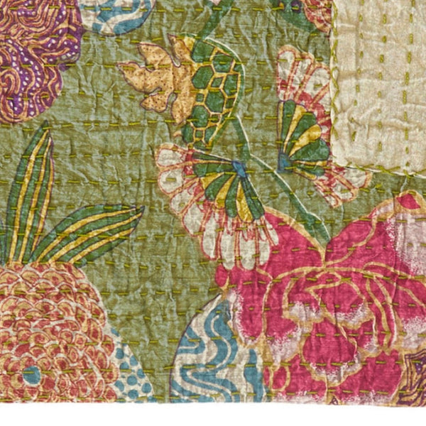 HomeRoots 50" Cozy Teal Blue and Red Floral Quilted Throw Blanket - Elegant Embroidery, Soft Cotton Comfort 544532