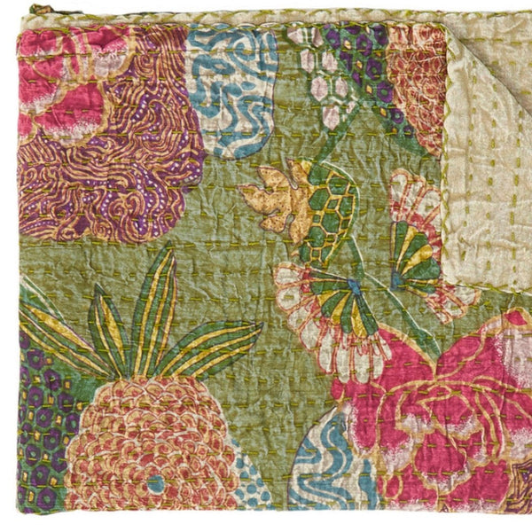 HomeRoots 50" Cozy Teal Blue and Red Floral Quilted Throw Blanket - Elegant Embroidery, Soft Cotton Comfort 544532