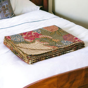 HomeRoots 50" Cozy Teal Blue and Red Floral Quilted Throw Blanket - Elegant Embroidery, Soft Cotton Comfort 544532