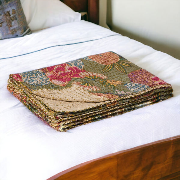 HomeRoots 50" Cozy Teal Blue and Red Floral Quilted Throw Blanket - Elegant Embroidery, Soft Cotton Comfort 544532