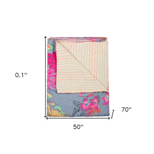 HomeRoots 50" Quilted Floral Cotton Throw Blanket in Blue, Pink, and Yellow – Perfect for Home Décor & Gifts 544533