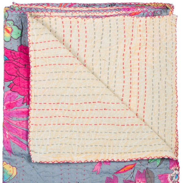 HomeRoots 50" Quilted Floral Cotton Throw Blanket in Blue, Pink, and Yellow – Perfect for Home Décor & Gifts 544533