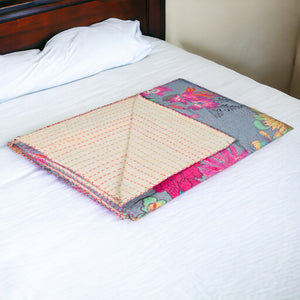HomeRoots 50" Quilted Floral Cotton Throw Blanket in Blue, Pink, and Yellow – Perfect for Home Décor & Gifts 544533