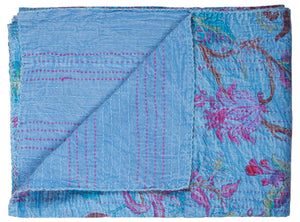 HomeRoots 50" Quilted Floral Throw Blanket – Elegant Blue, Pink & Brown Cotton with Artisanal Embroidery 544534