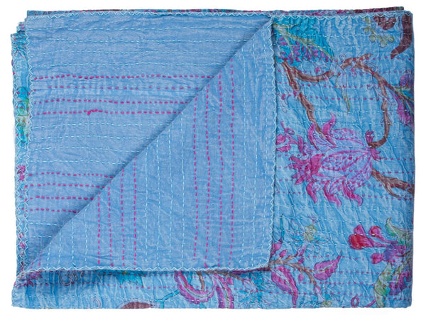 HomeRoots 50" Quilted Floral Throw Blanket – Elegant Blue, Pink & Brown Cotton with Artisanal Embroidery 544534