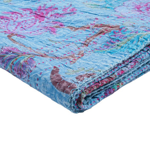 HomeRoots 50" Quilted Floral Throw Blanket – Elegant Blue, Pink & Brown Cotton with Artisanal Embroidery 544534