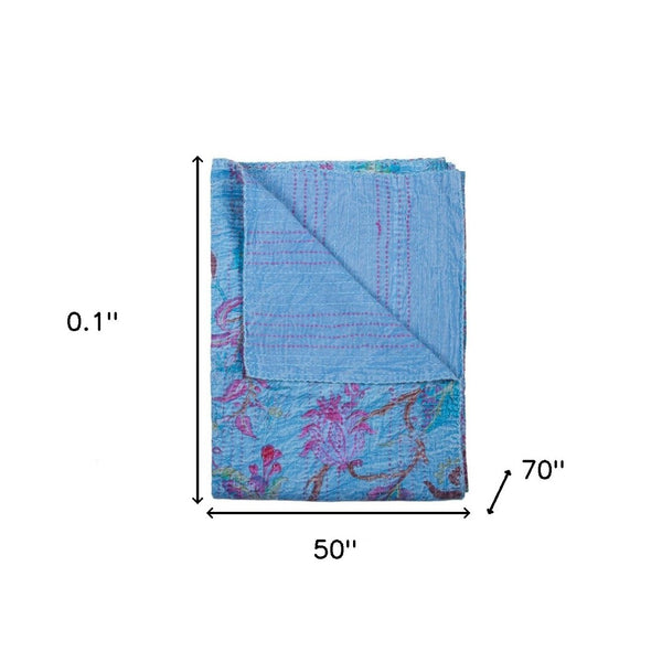 HomeRoots 50" Quilted Floral Throw Blanket – Elegant Blue, Pink & Brown Cotton with Artisanal Embroidery 544534