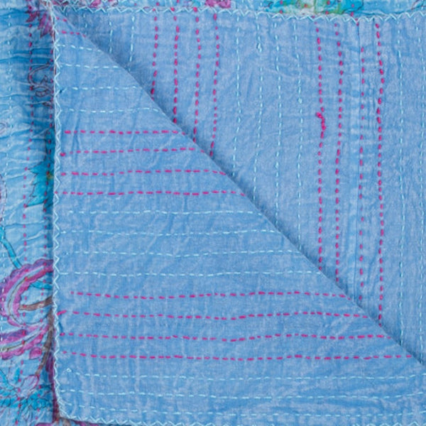 HomeRoots 50" Quilted Floral Throw Blanket – Elegant Blue, Pink & Brown Cotton with Artisanal Embroidery 544534