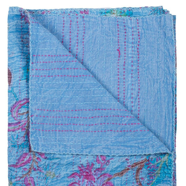 HomeRoots 50" Quilted Floral Throw Blanket – Elegant Blue, Pink & Brown Cotton with Artisanal Embroidery 544534