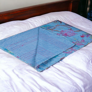 HomeRoots 50" Quilted Floral Throw Blanket – Elegant Blue, Pink & Brown Cotton with Artisanal Embroidery 544534