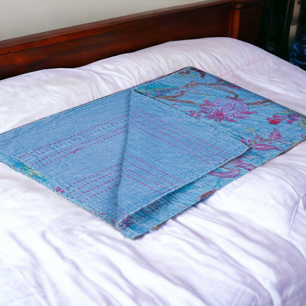 HomeRoots 50" Quilted Floral Throw Blanket – Elegant Blue, Pink & Brown Cotton with Artisanal Embroidery 544534