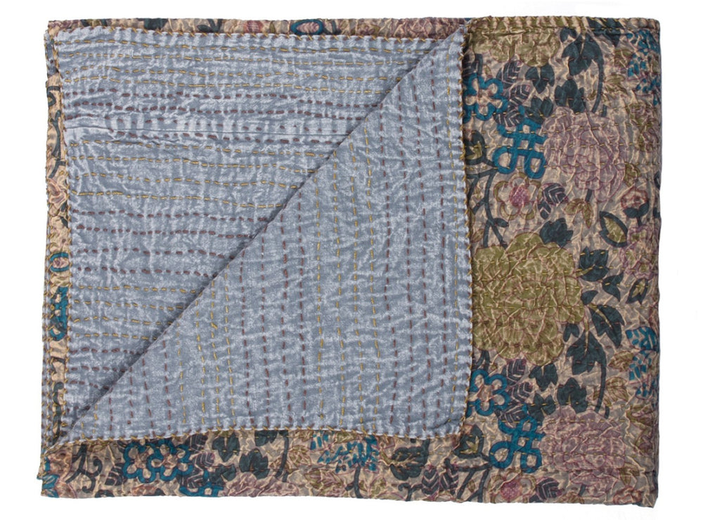 HomeRoots 50" Cotton Quilted Floral Throw Blanket – Beige, Blue & Green Embroidery for Cozy Home Décor 544535