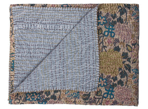 HomeRoots 50" Cotton Quilted Floral Throw Blanket – Beige, Blue & Green Embroidery for Cozy Home Décor 544535