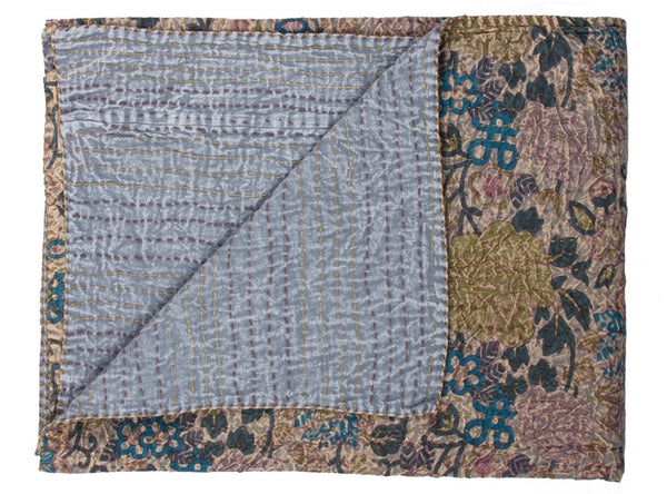 HomeRoots 50" Cotton Quilted Floral Throw Blanket – Beige, Blue & Green Embroidery for Cozy Home Décor 544535