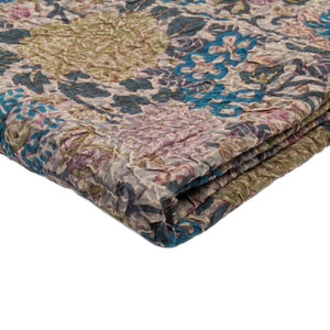 HomeRoots 50" Cotton Quilted Floral Throw Blanket – Beige, Blue & Green Embroidery for Cozy Home Décor 544535