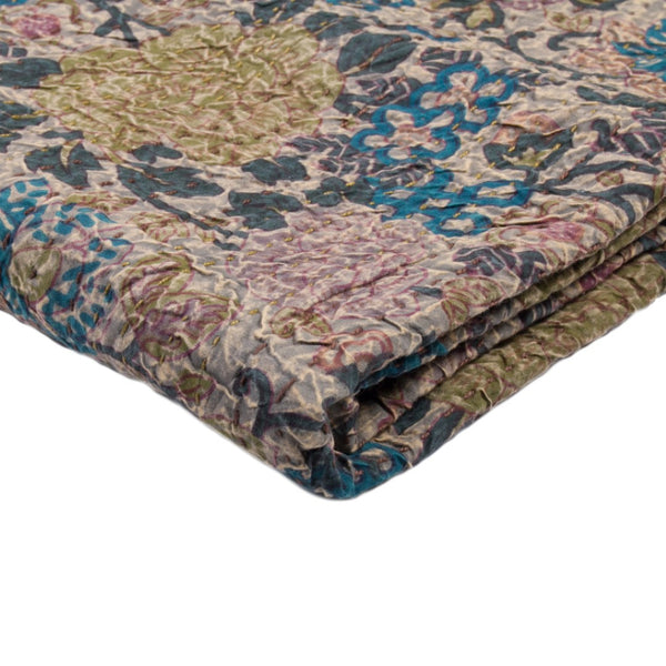 HomeRoots 50" Cotton Quilted Floral Throw Blanket – Beige, Blue & Green Embroidery for Cozy Home Décor 544535