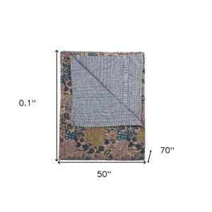 HomeRoots 50" Cotton Quilted Floral Throw Blanket – Beige, Blue & Green Embroidery for Cozy Home Décor 544535
