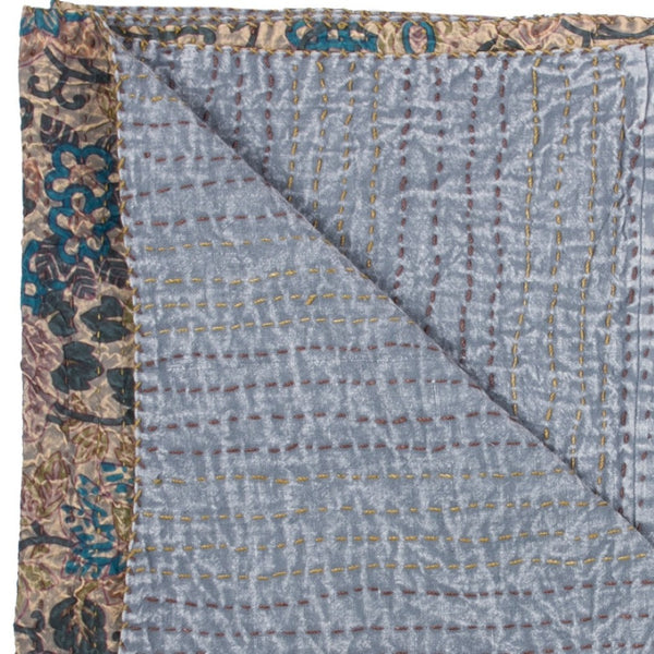 HomeRoots 50" Cotton Quilted Floral Throw Blanket – Beige, Blue & Green Embroidery for Cozy Home Décor 544535