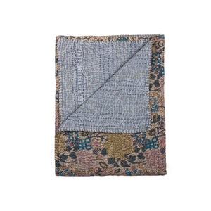 HomeRoots 50" Cotton Quilted Floral Throw Blanket – Beige, Blue & Green Embroidery for Cozy Home Décor 544535