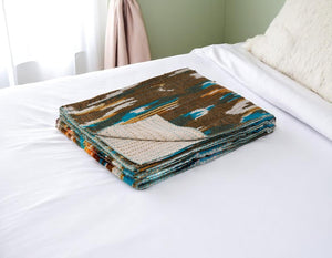 HomeRoots 50" Handcrafted Ikat Kantha Throw Blanket in Brown and Blue – Cozy, Unique, Perfect for Home Decor Cotton - 50"x70" 544536