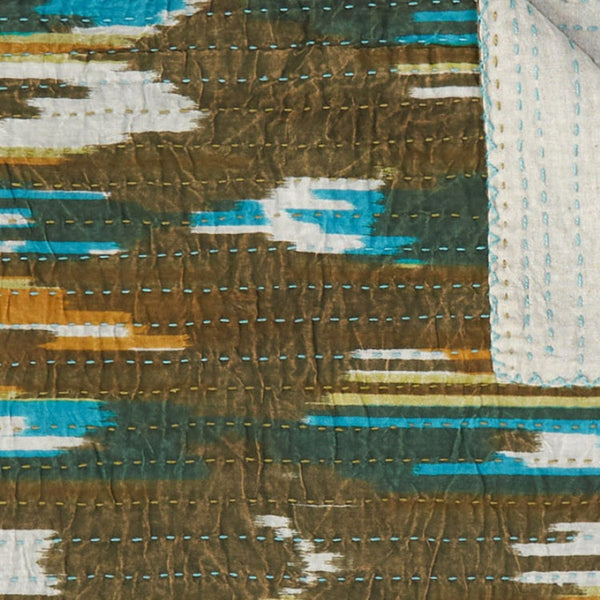 HomeRoots 50" Handcrafted Ikat Kantha Throw Blanket in Brown and Blue – Cozy, Unique, Perfect for Home Decor Cotton - 50"x70" 544536