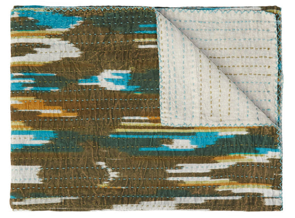 HomeRoots 50" Handcrafted Ikat Kantha Throw Blanket in Brown and Blue – Cozy, Unique, Perfect for Home Decor Cotton - 50"x70" 544536