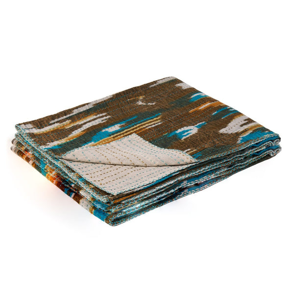HomeRoots 50" Handcrafted Ikat Kantha Throw Blanket in Brown and Blue – Cozy, Unique, Perfect for Home Decor Cotton - 50"x70" 544536