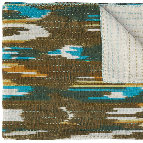 HomeRoots 50" Handcrafted Ikat Kantha Throw Blanket in Brown and Blue – Cozy, Unique, Perfect for Home Decor Cotton - 50"x70" 544536