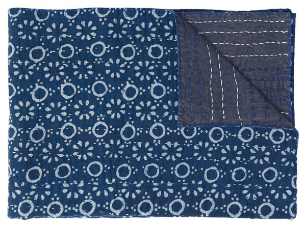 HomeRoots 50" Blue and Off-White Geometric Kantha Throw Blanket - Hand-Stitched Artisanal Comfort for Home Decor Cotton - 50"x70" 544538