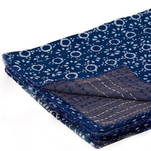 HomeRoots 50" Blue and Off-White Geometric Kantha Throw Blanket - Hand-Stitched Artisanal Comfort for Home Decor Cotton - 50"x70" 544538