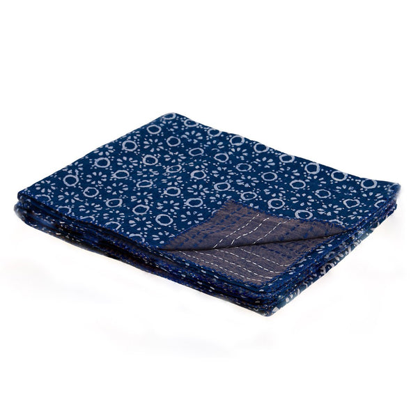HomeRoots 50" Blue and Off-White Geometric Kantha Throw Blanket - Hand-Stitched Artisanal Comfort for Home Decor Cotton - 50"x70" 544538