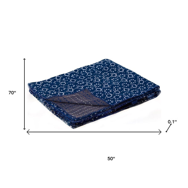 HomeRoots 50" Blue and Off-White Geometric Kantha Throw Blanket - Hand-Stitched Artisanal Comfort for Home Decor Cotton - 50"x70" 544538
