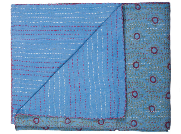 HomeRoots 50" Quilted Floral Throw Blanket in Blue, Burgundy & Green - Embroidered Cotton for Cozy Elegance 544539