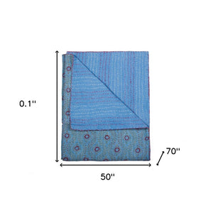 HomeRoots 50" Quilted Floral Throw Blanket in Blue, Burgundy & Green - Embroidered Cotton for Cozy Elegance 544539