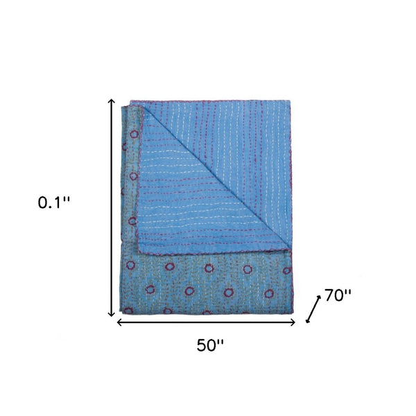 HomeRoots 50" Quilted Floral Throw Blanket in Blue, Burgundy & Green - Embroidered Cotton for Cozy Elegance 544539