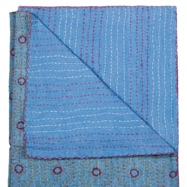 HomeRoots 50" Quilted Floral Throw Blanket in Blue, Burgundy & Green - Embroidered Cotton for Cozy Elegance 544539