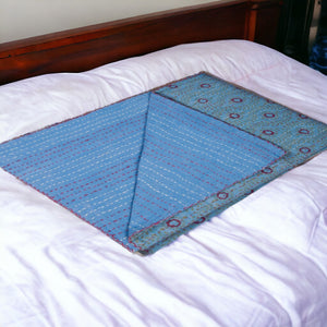 HomeRoots 50" Quilted Floral Throw Blanket in Blue, Burgundy & Green - Embroidered Cotton for Cozy Elegance 544539
