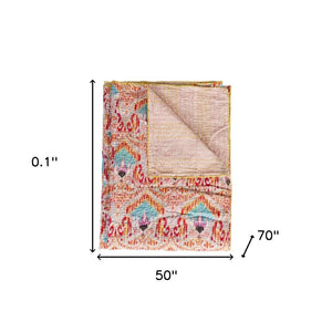 HomeRoots 50" Cozy Cotton Quilted Throw Blanket with Floral Embroidery in Red, Pink & Blue - Stylish Comfort! 544540