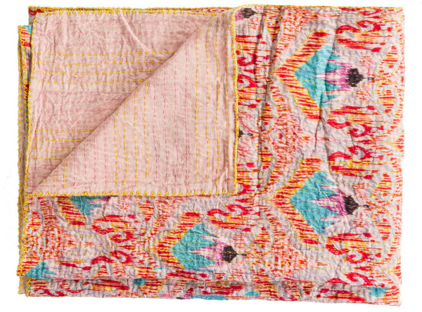 HomeRoots 50" Cozy Cotton Quilted Throw Blanket with Floral Embroidery in Red, Pink & Blue - Stylish Comfort! 544540