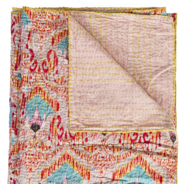 HomeRoots 50" Cozy Cotton Quilted Throw Blanket with Floral Embroidery in Red, Pink & Blue - Stylish Comfort! 544540