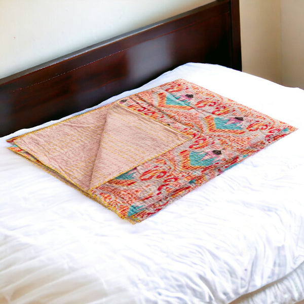 HomeRoots 50" Cozy Cotton Quilted Throw Blanket with Floral Embroidery in Red, Pink & Blue - Stylish Comfort! 544540