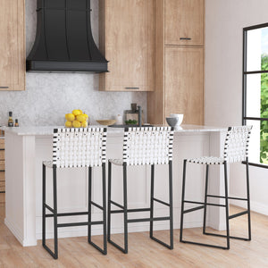 Butler Specialty Urban Rectangular Woven Leather Barstool With Back - Rustic Charm And Premium Iron Base Design White Iron,Leather,Steel Nail Heads 5445411-butler