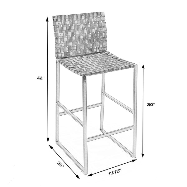 Butler Specialty Urban Rectangular Woven Leather Barstool With Back - Rustic Charm And Premium Iron Base Design White Iron,Leather,Steel Nail Heads 5445411-butler